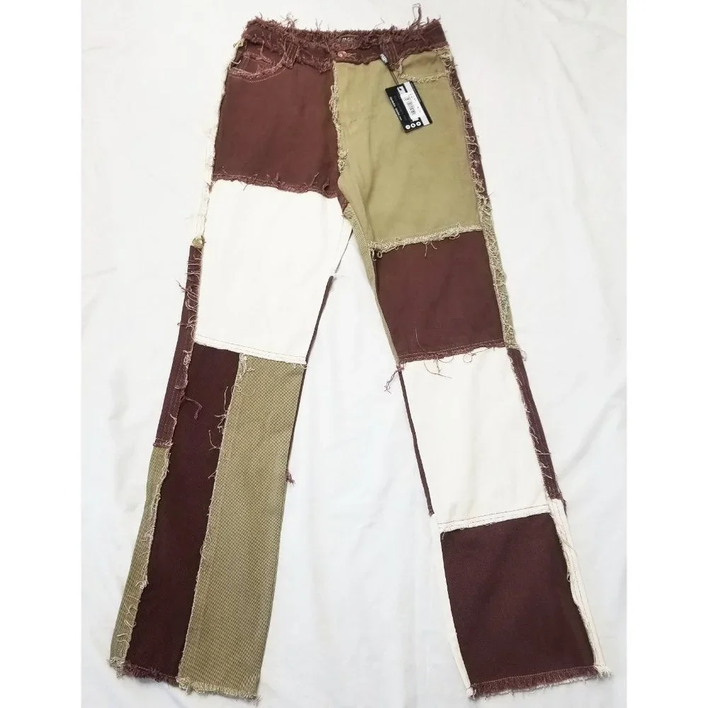 Jaded London Womens High Waisted Brown Patchwork Denim Jeans Pants NWT